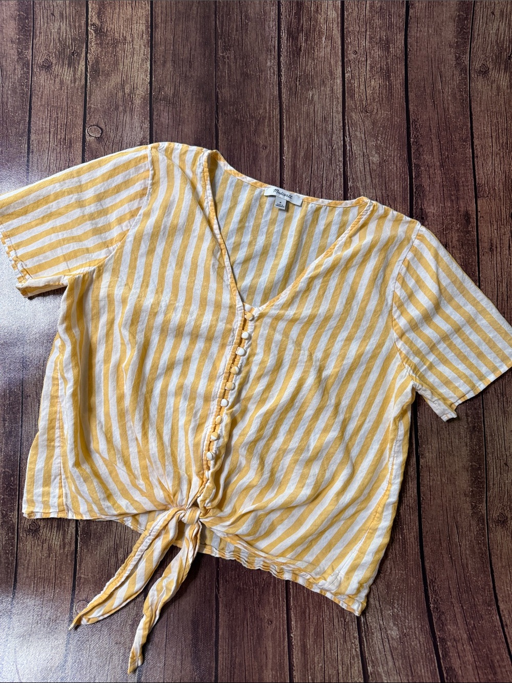 Striped Tie-Front Button Top - Yellow & White